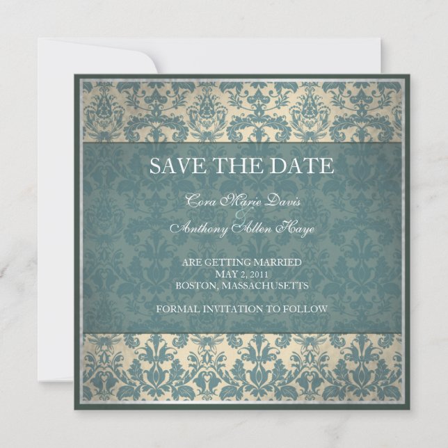 Vintage blue damask save the date card (Front)