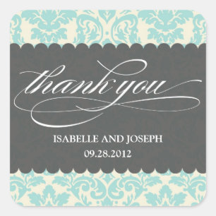 VINTAGE BLUE DAMASK SCRIPT WEDDING FAVOR LABELS