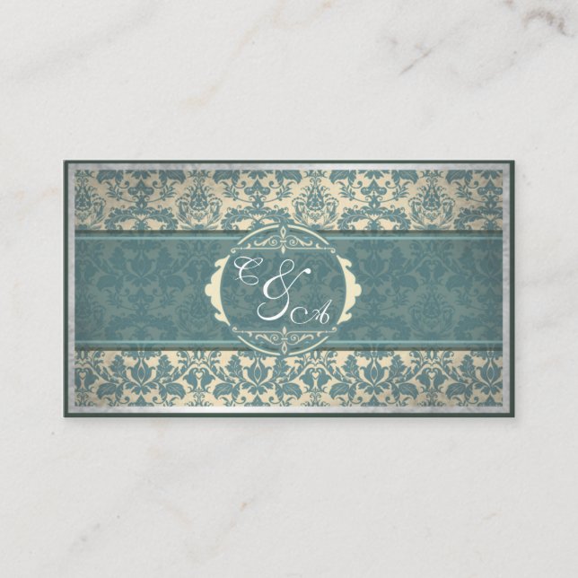 Vintage Blue Damask Wedding place card (Front)
