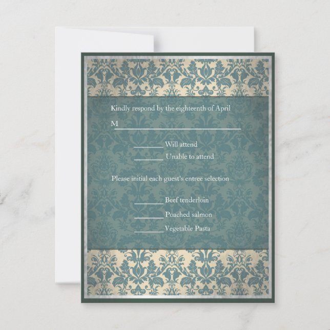 Vintage Blue Damask wedding RSVP (Front)