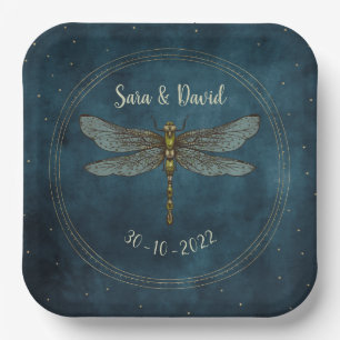Vintage Blue Dark Gothic Mystic Dragonfly Wedding Paper Plate