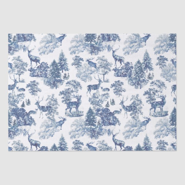 Vintage Blue Deer in Snowy Woodland Tissue Paper (Front)