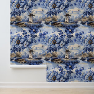 Vintage Blue Delft Windmill Toile Cottagecore Wallpaper
