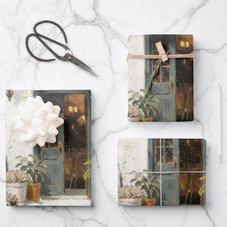 Vintage Blue Door with Potted Plants Wrapping Pape Paper Sheet