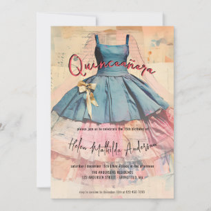 Vintage Blue Dress Watercolor Quinceanera Invitation