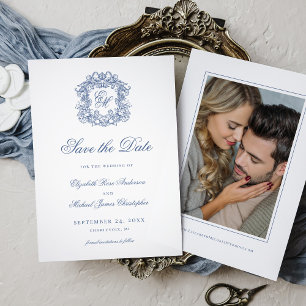 Vintage Blue Elegant Crest Monogram Wedding Photo Save The Date