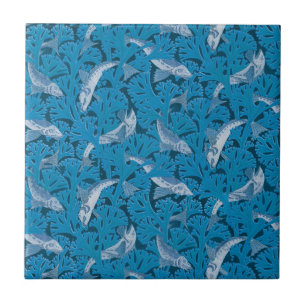 Vintage Blue Fish & Seaweed: Art Nouveau Nautical  Ceramic Tile