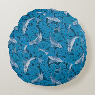 Vintage Blue Fish & Seaweed: Art Nouveau Nautical  Round Cushion