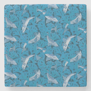 Vintage Blue Fish & Seaweed: Art Nouveau Nautical  Stone Coaster