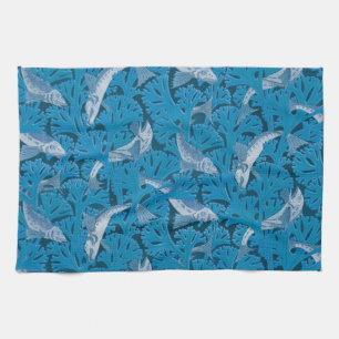 Vintage Blue Fish & Seaweed: Art Nouveau Nautical  Tea Towel