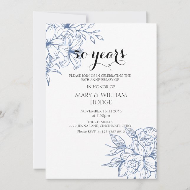  Vintage Blue Floral 50th wedding anniversary Invitation (Front)
