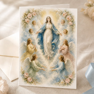 Vintage Blue Floral Assumption of Mary with Angels Card