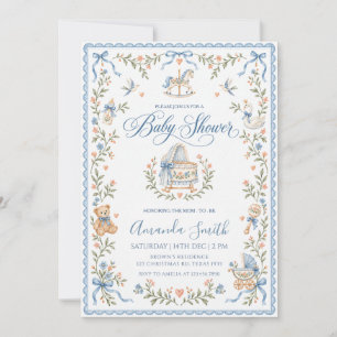 Vintage Blue Floral Baby Carriage Boy Baby Shower Invitation