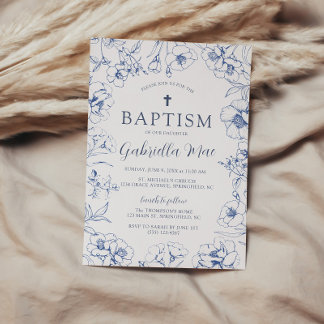 Vintage Blue Floral Baptism Invitation