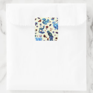Vintage Blue Floral Bird Rabbit Forest Animals Square Sticker