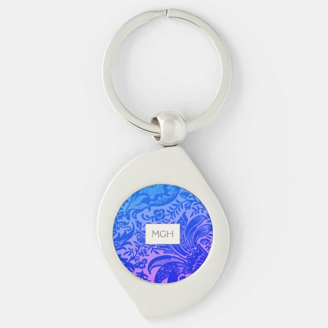 Vintage Blue Floral Botanical Monogram Key Ring (Front)