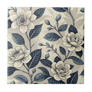 Vintage Blue Floral Botanical Pattern (10) Ceramic Tile