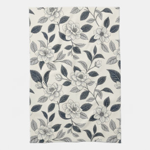 Vintage Blue Floral Botanical Pattern (2) Tea Towel