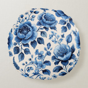Vintage Blue Floral Elegance Round Cushion