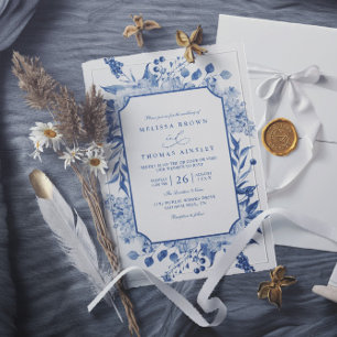 Vintage Blue Floral Elegant Modern QR Code Wedding Invitation