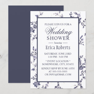 Vintage Blue Floral Elegant Wedding Shower Invitation