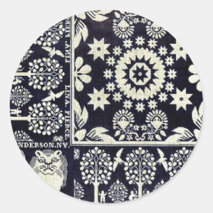 vintage blue floral flowers fabric textile art classic round sticker