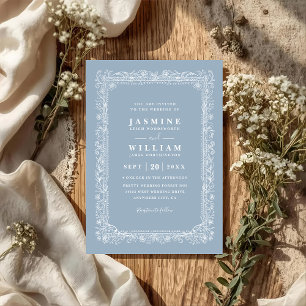 Vintage Blue Floral Frame Elegant QR Code Wedding Invitation