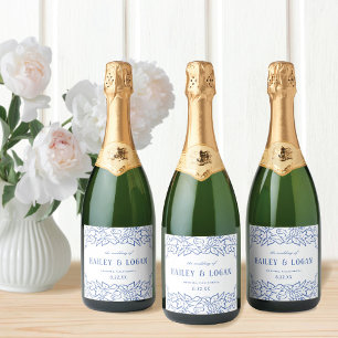 Vintage Blue Floral Frame Elegant Wedding Sparkling Wine Label