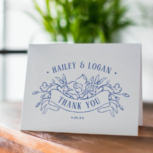 Vintage Blue Floral Frame Elegant Wedding  Thank You Card