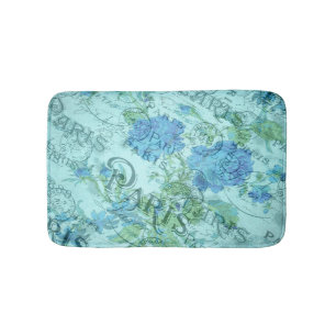 Vintage Blue Floral French Paris Postmark Pattern Bath Mat