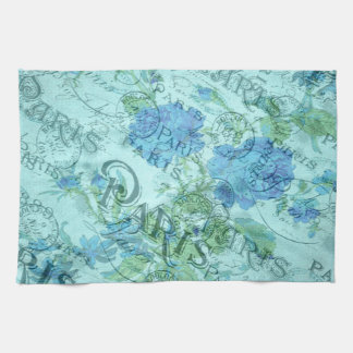 Vintage Blue Floral French Paris Postmark Pattern Tea Towel
