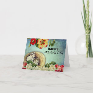 Vintage blue floral kitten in a hat ,mother's day  card