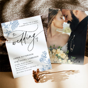 Vintage Blue Floral Minimalist Photo Wedding Invitation