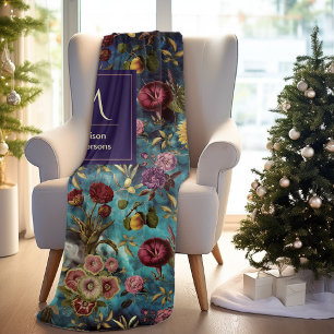 Vintage blue Floral monogram Fleece Blanket