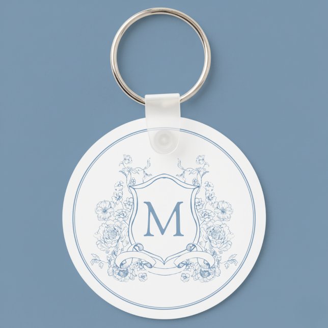 Vintage Blue Floral Monogram Key Ring (elegant coquette blue french toile monogram crest initial keychain)