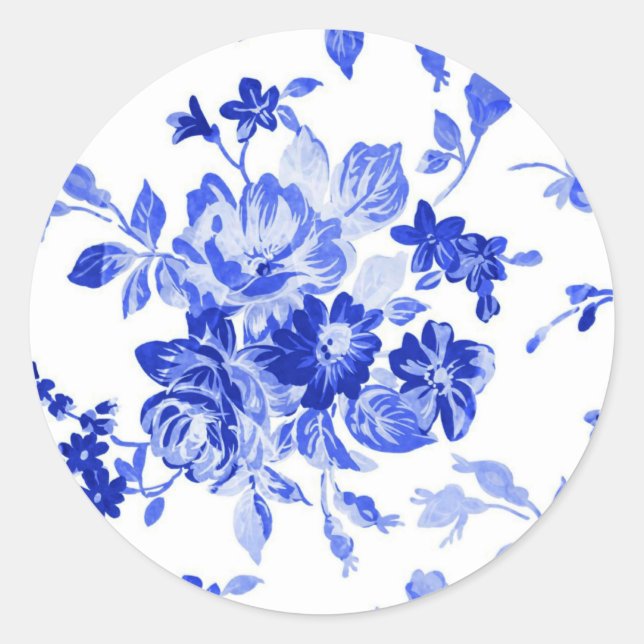 Vintage blue floral pattern classic round sticker (Front)