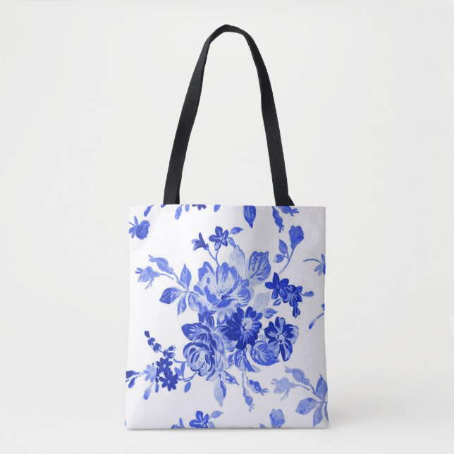 Vintage blue floral pattern tote bag (Front)