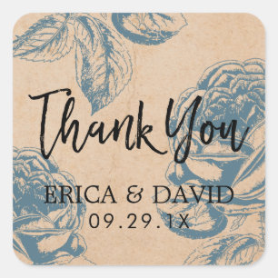 Vintage Blue Floral Rose Garden Wedding Thank You Square Sticker
