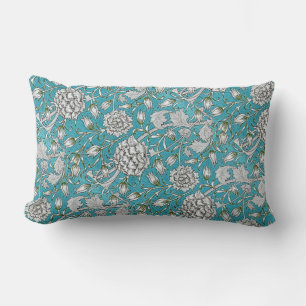 Vintage Blue Floral Silver Foliage Flowers Lumbar Cushion