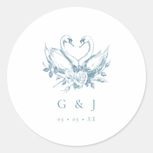 Vintage Blue Floral Swans Monogram Wedding Classic Round Sticker