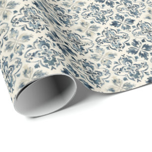 Vintage Blue Floral Tile Wrapping Paper, Cottage  Paper