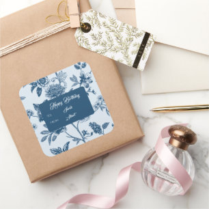 Vintage Blue Floral Toile Birthday Square Sticker