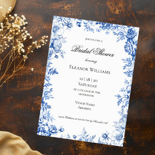 Vintage Blue Floral Toile Bridal Shower Invitation