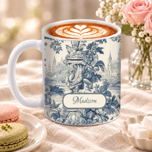 Vintage Blue Floral Toile de Jouy Monogram Coffee Mug