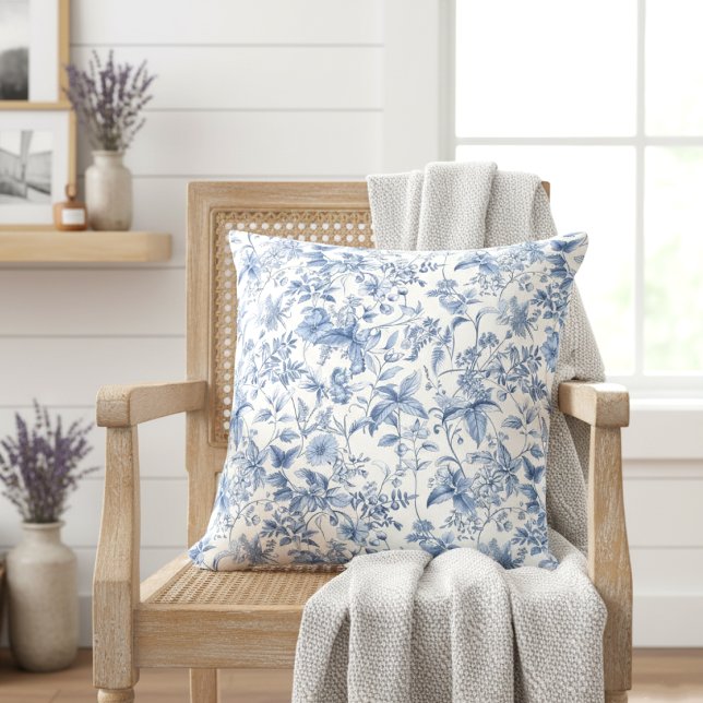 Vintage Blue Floral Toile Elegant Cushion (Creator Uploaded)