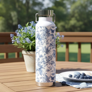 Vintage Blue Floral Toile Elegant Water Bottle