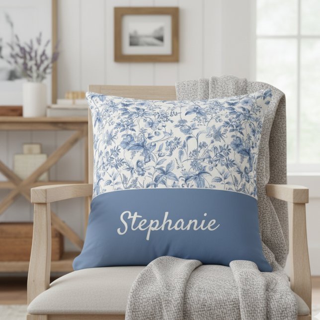 Vintage Blue Floral Toile Monogram Cushion (Creator Uploaded)