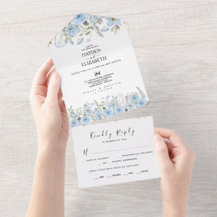 Vintage Blue Floral Wedding All In One Invitation