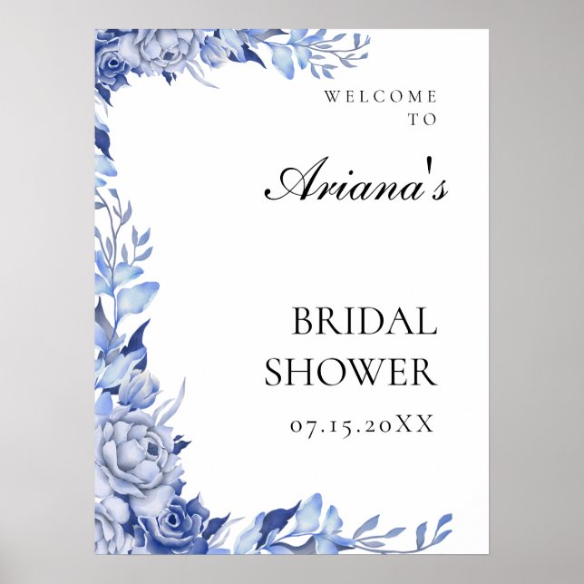Vintage Blue Floral Wedding Welcome Sign (Front)