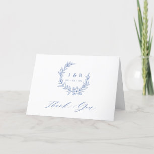 Vintage Blue Floral Wreath Folded Monogram Wedding Thank You Card